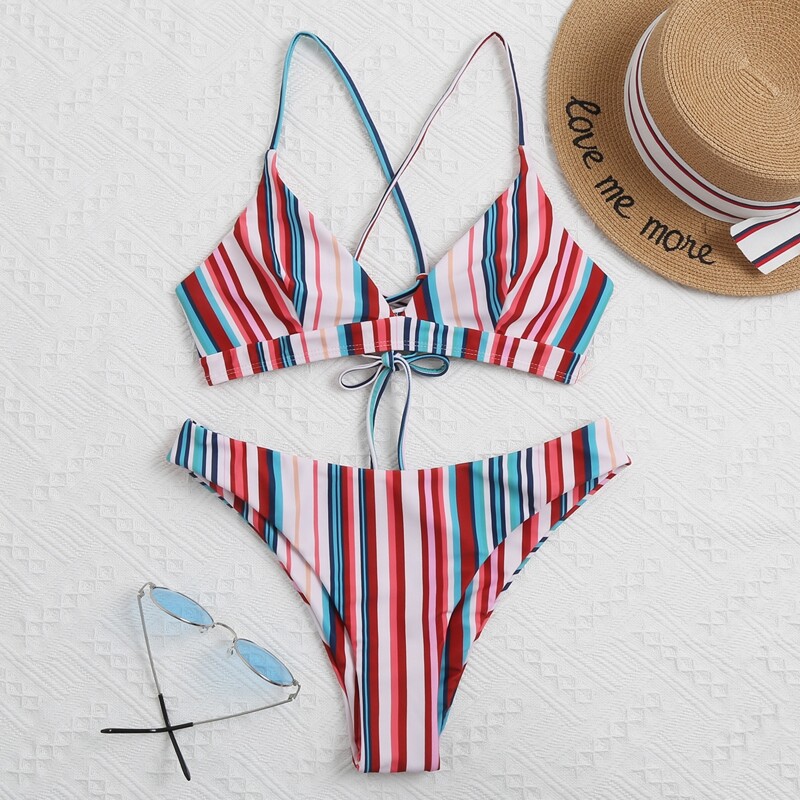 

Colorful Stripe Tie Back Bikini Swimsuit, Multicolor