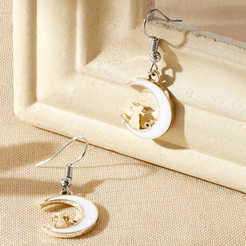 

Moon & Cat Drop Earrings, White