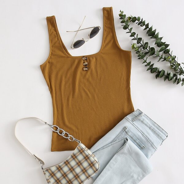

Buttoned Front Rib-knit Tank Top, Brown