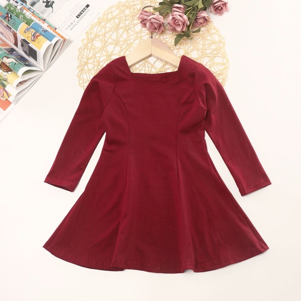 

Toddler Girls Square Neck A-line Dress, Burgundy