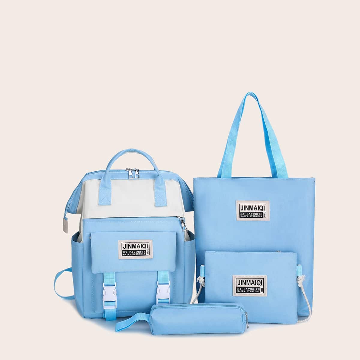 

4pcs Letter Patch Colorblock Backpack Set, Blue