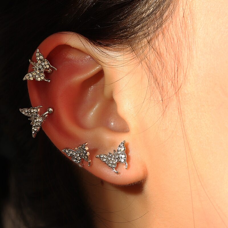

4pcs Rhinestone Butterfly Shaped Earring, Silver