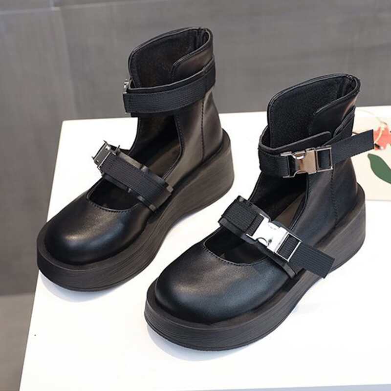

Buckle Cutout Flatform Boots, Black