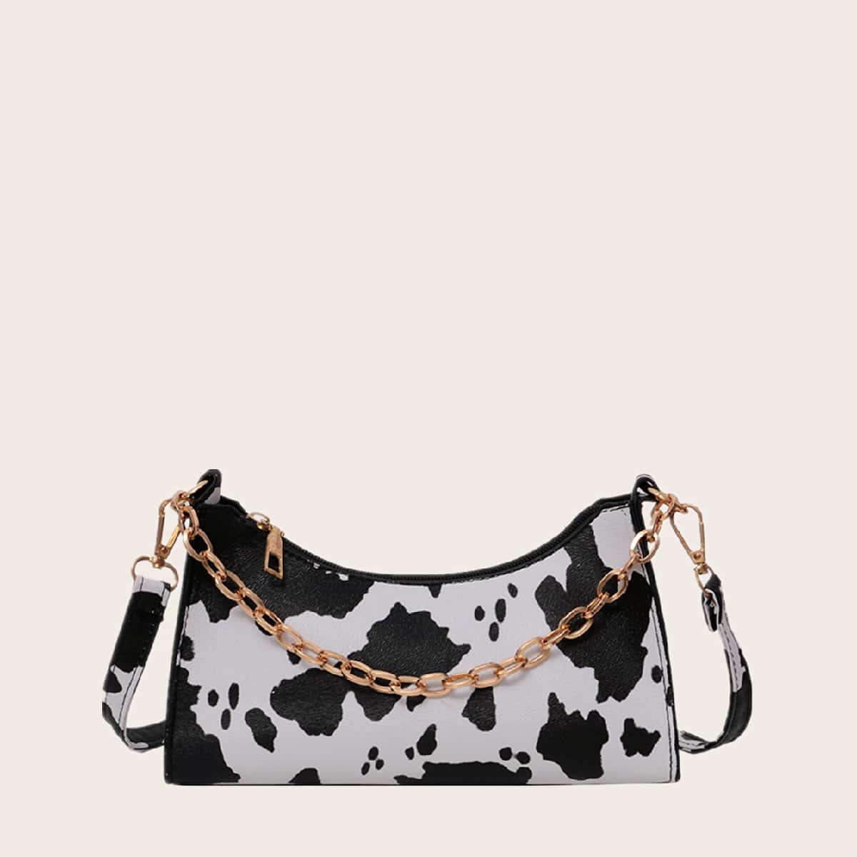 

Cow Pattern Baguette Bag, Black and white