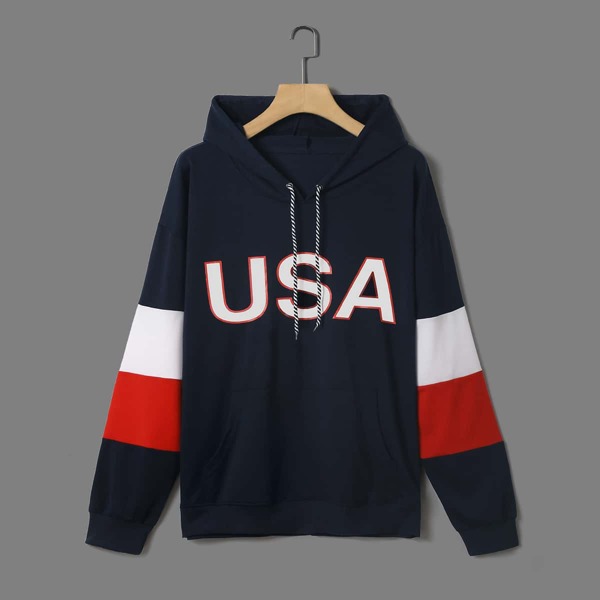 

Men Colorblock Letter Graphic Drawstring Hoodie, Navy blue