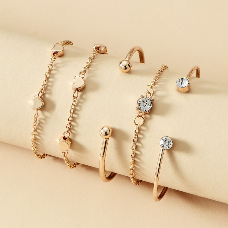 

5pcs Rhinestone & Heart Decor Bracelet, Gold