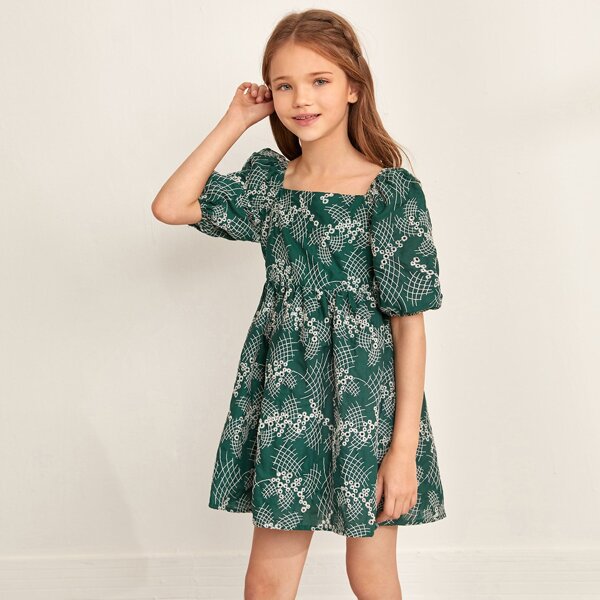 

Girls Square Neck Lantern Sleeve Ditsy Floral Dress, Dark green