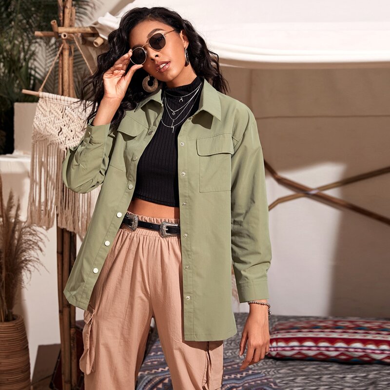

Flap Pocket Button Up Overshirt, Army green