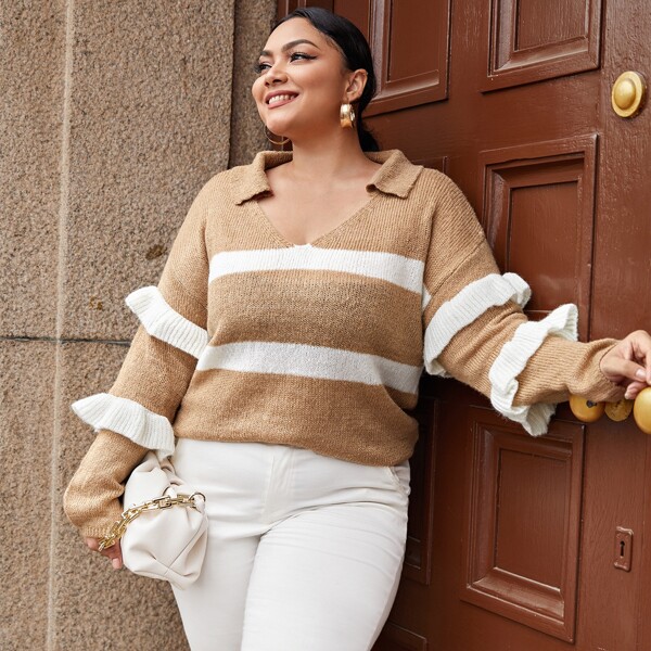 

Plus Color-block Ruffle Trim Sweater, Khaki