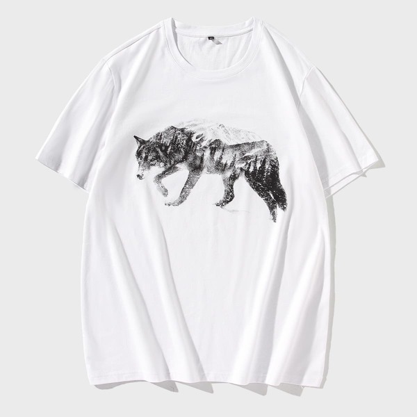 

Men Wolf Print Round Neck Tee, White