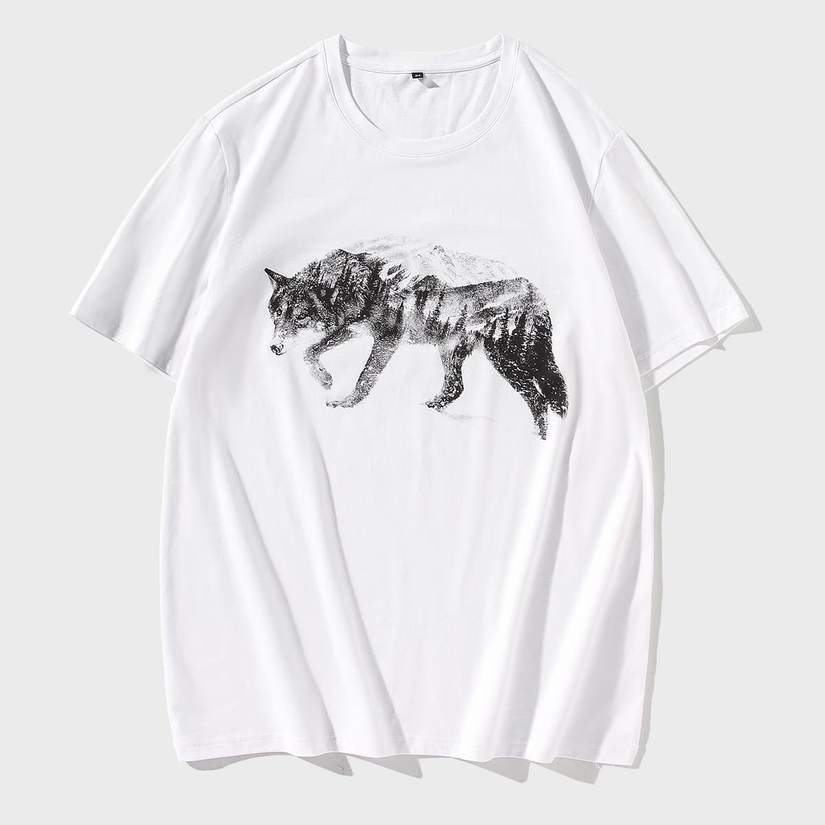 

Men Wolf Print Round Neck Tee, White