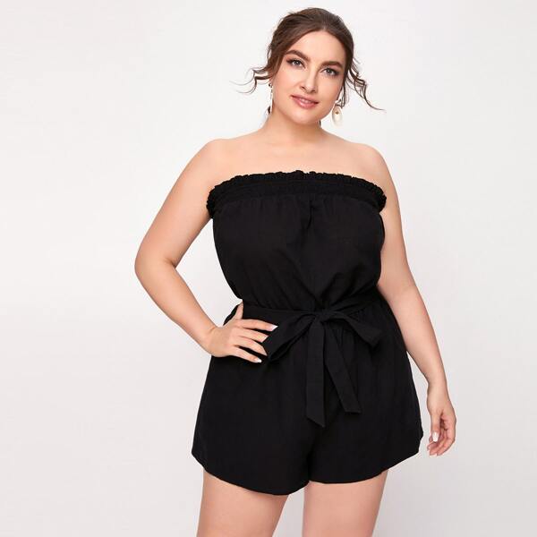 

Plus Frill Trim Shirred Detail Self Belted Tube Romper, Black