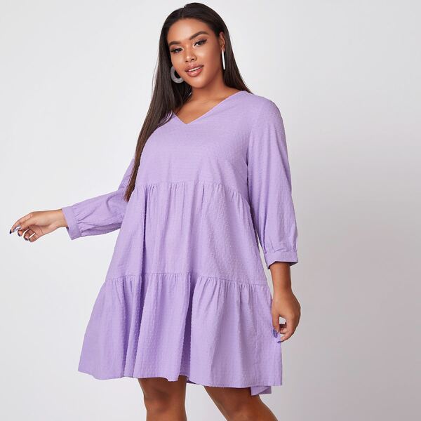 

Plus V-neck Swiss Dot Smock Dress, Lilac purple