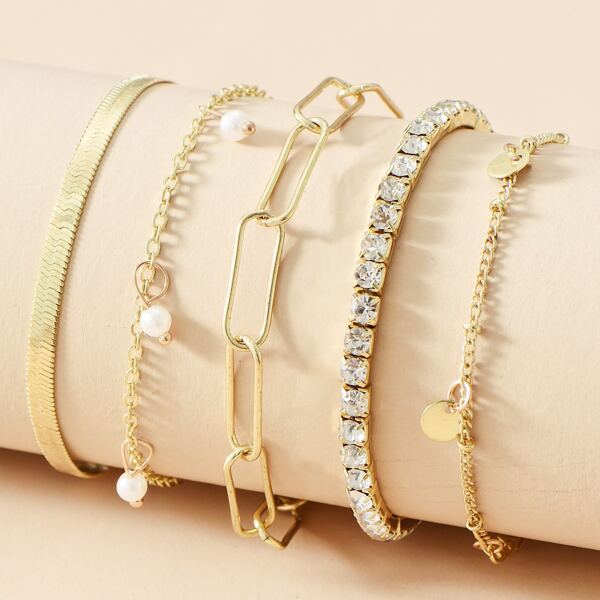

5pcs Faux Pearl & Crystal Charm Bracelet, Gold