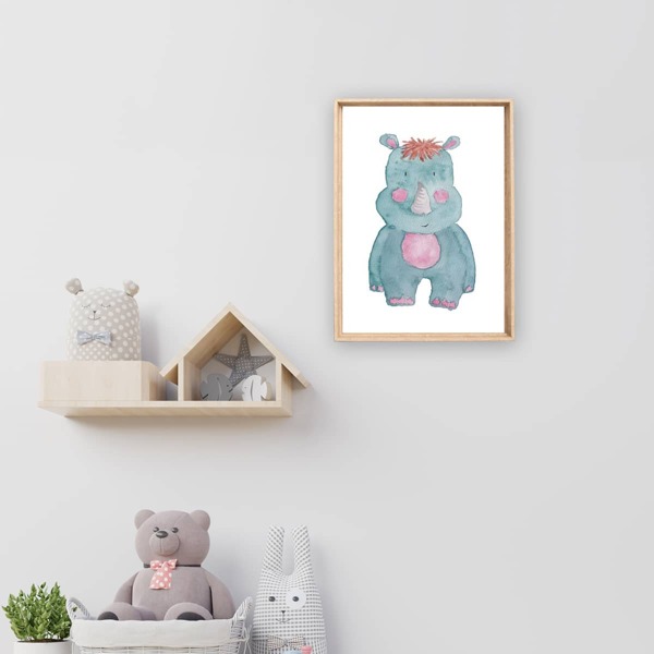 

Kids Cartoon Rhinoceros Print Wall Painting Without Frame, Multicolor