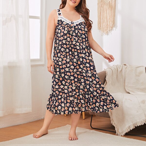 

Plus Lace Trim Floral Print Cami Night Dress, Multicolor