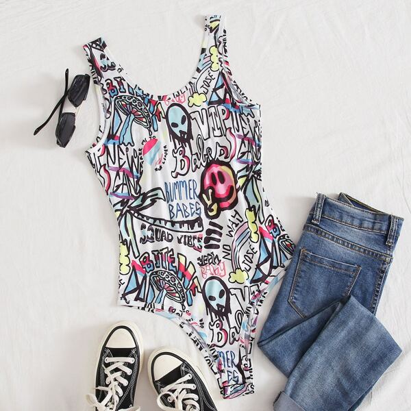 

Plus Cartoon And Letter Graphic Tank Bodysuit, Multicolor