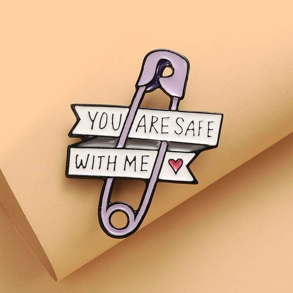 

Slogan Decor Safety Pin Design Brooch, Black