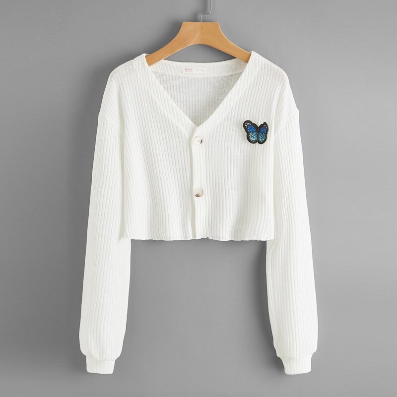 

Butterfly Embroidery Button Front Cardigan, White