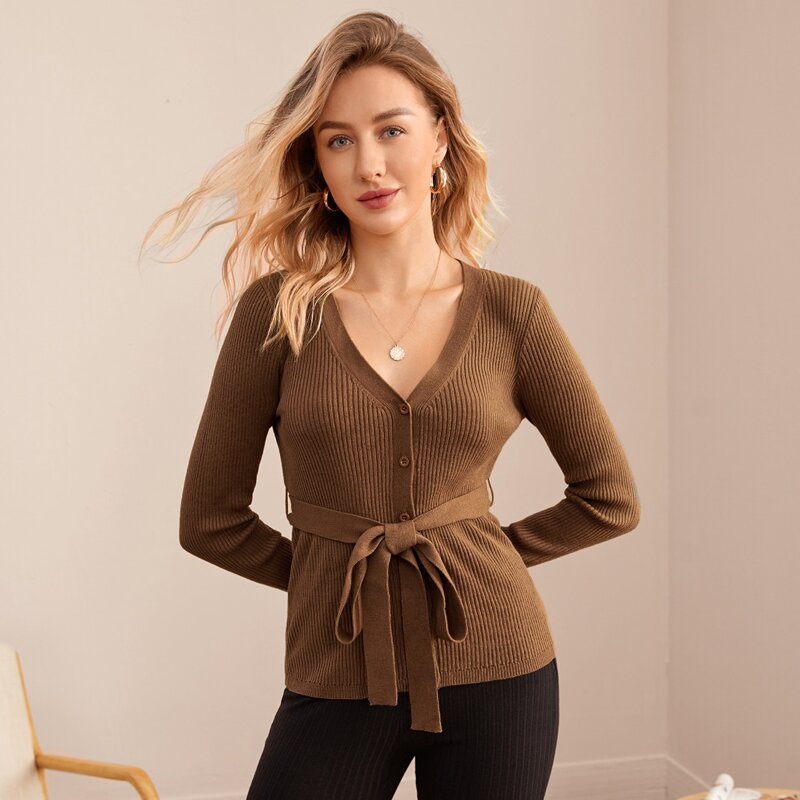 

Button Front Self Belted Cardigan, Coffee brown