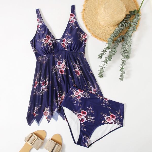 

Plus Floral Asymmetrical Hem Bikini Swimsuit, Navy blue