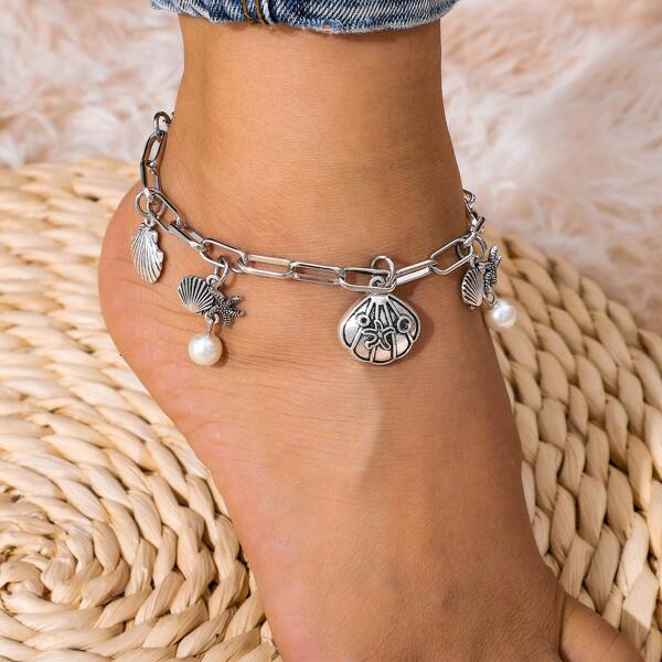 

Shell & Starfish Charm Anklet, Silver