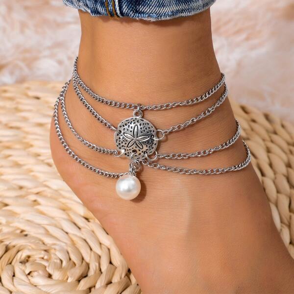 

Faux Pearl Decor Layered Anklet, Silver