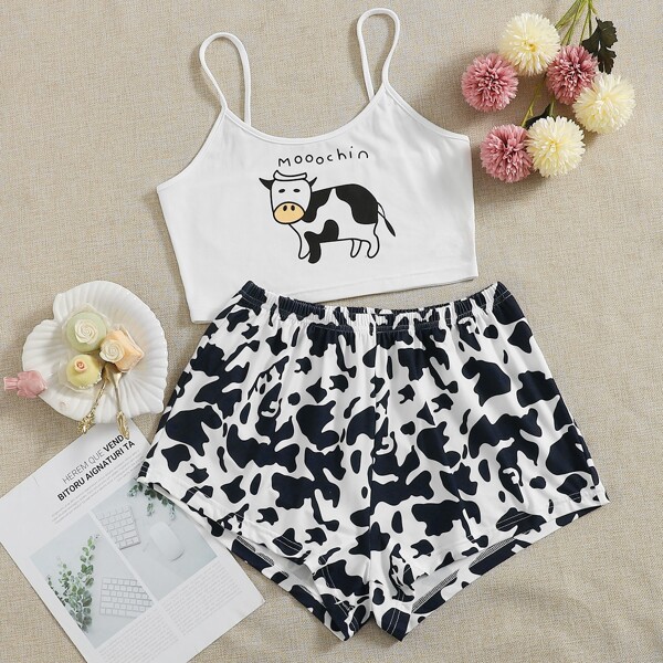 

Cow And Letter Graphic Pajama Set, Black and white