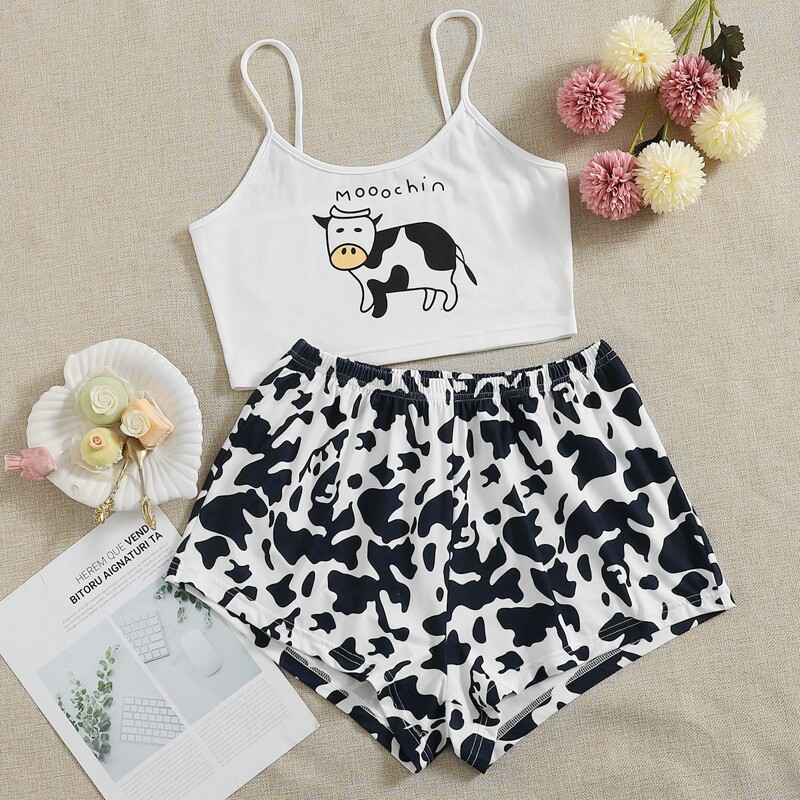 

Cow And Letter Graphic Pajama Set, Black and white