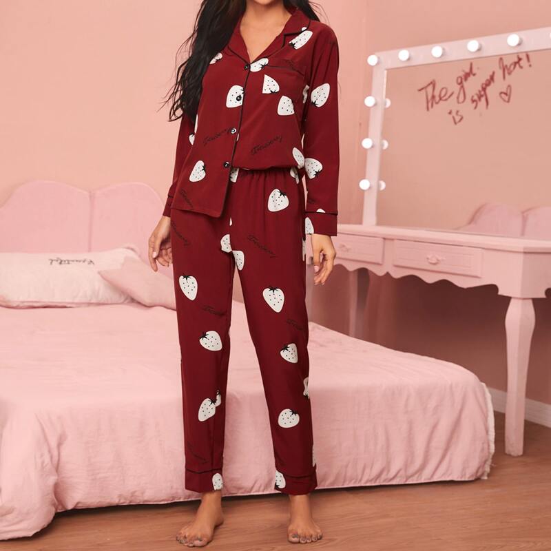 

Strawberry And Letter Graphic Pajama Set, Burgundy