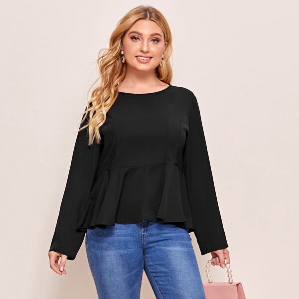 

Plus Solid Ruffle Hem Blouse, Black