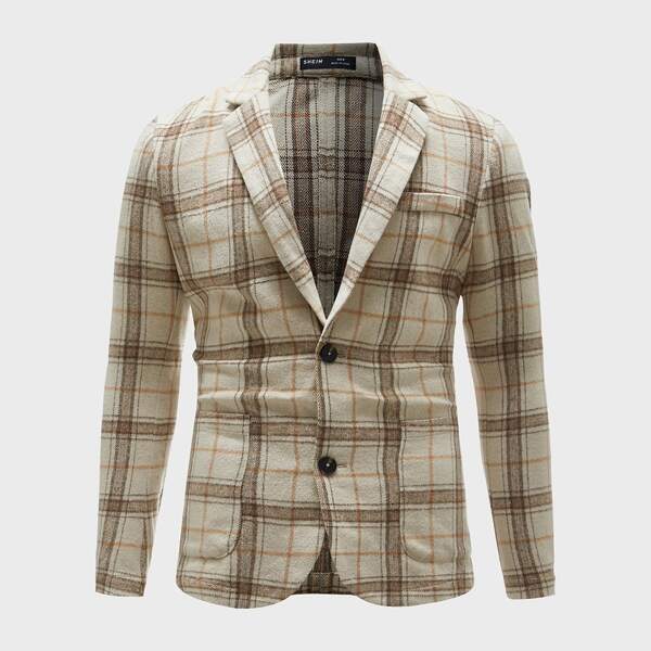 

Men Peak Collar Pocket Front Tartan Blazer, Beige