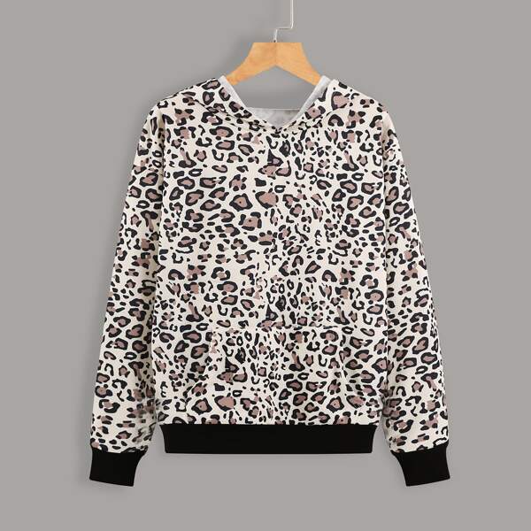 

Leopard Print Kangaroo Pocket Hoodie, Multicolor