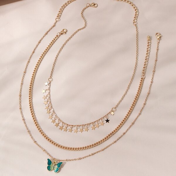 

3pcs Butterfly Charm Necklace, Gold