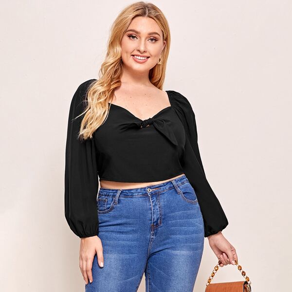 

Plus Tie Front Sweetheart Neck Crop Blouse, Black