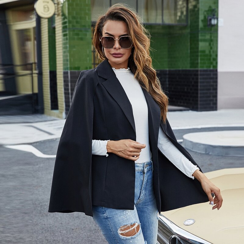 

Solid Lapel Neck Cape Blazer, Black