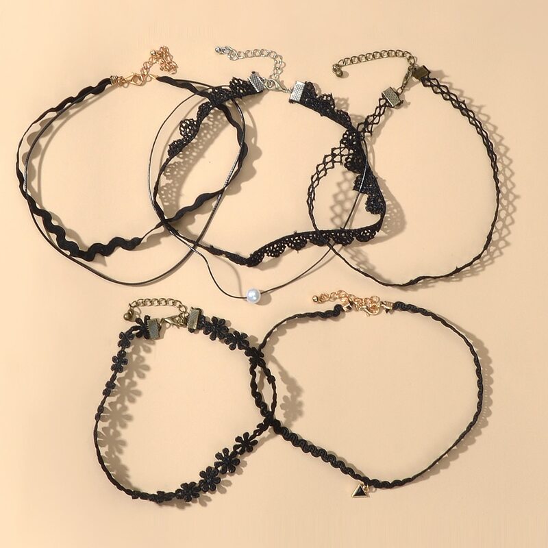 

5pcs Faux Pearl Decor Lace Necklace, Black