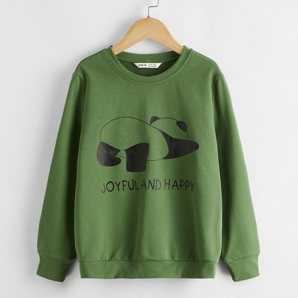 

Boys Slogan and Panda Print Pullover, Green