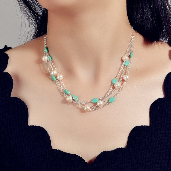 

Faux Pearl Decor Layered Necklace, Silver