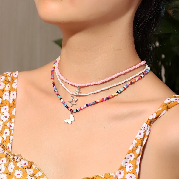 

3pcs Star Charm Beaded Necklace, Multicolor