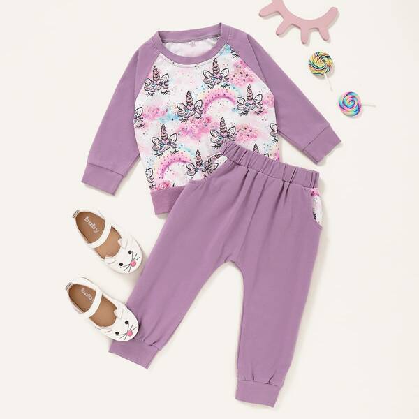 

Baby Girl Cartoon Graphic Sweatshirt & Sweatpants, Lilac purple