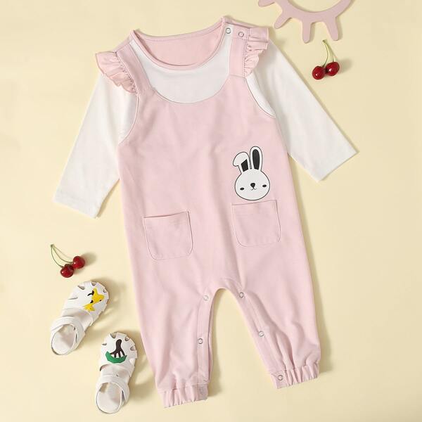 

Baby Girl Cartoon Graphic Ruffle Trim Jumpsuit, Baby pink