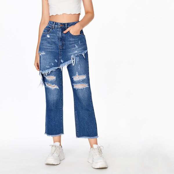 

Frayed Trim Ripped 2 In 1 Jeans, Medium wash