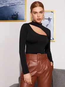 SHEIN Privé Mock-Neck Cut Out Front Top - Black - View 1