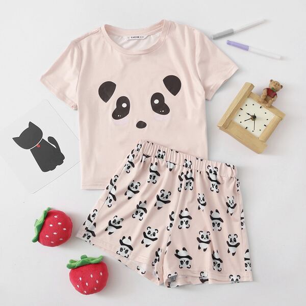 

Girls Cartoon Graphic Top & Panda Print Shorts PJ Set, Baby pink