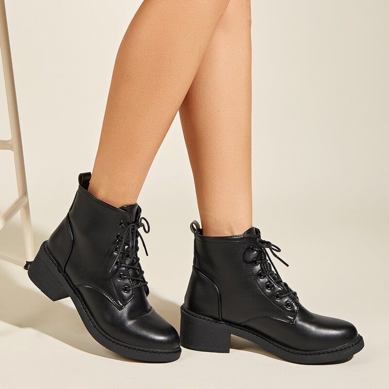 Lace-up Front Combat Boots, Black