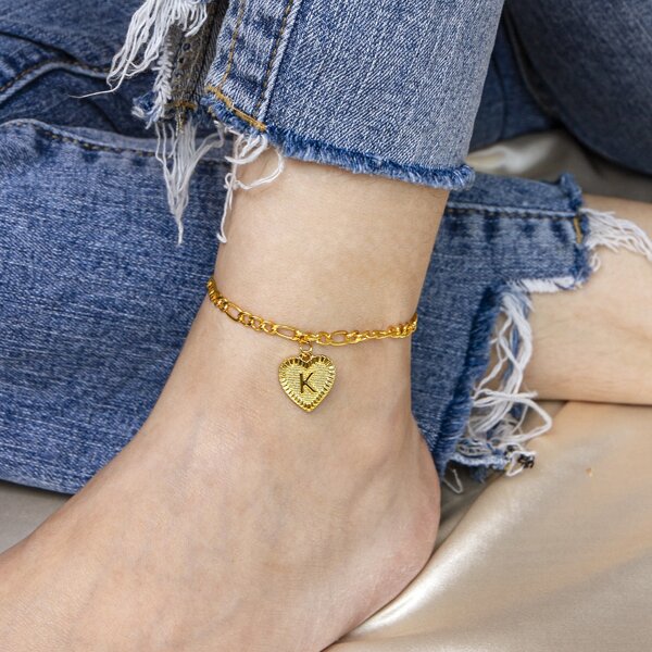 

Letter Design Heart Charm Anklet, Gold