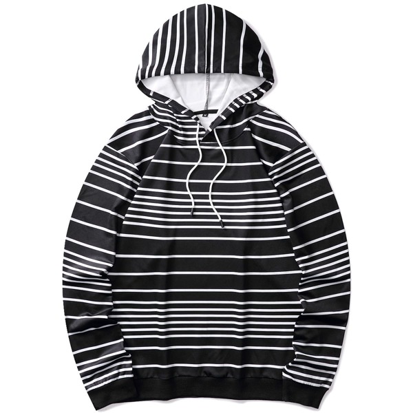 

Men Striped Drawstring Hoodie, Black and white