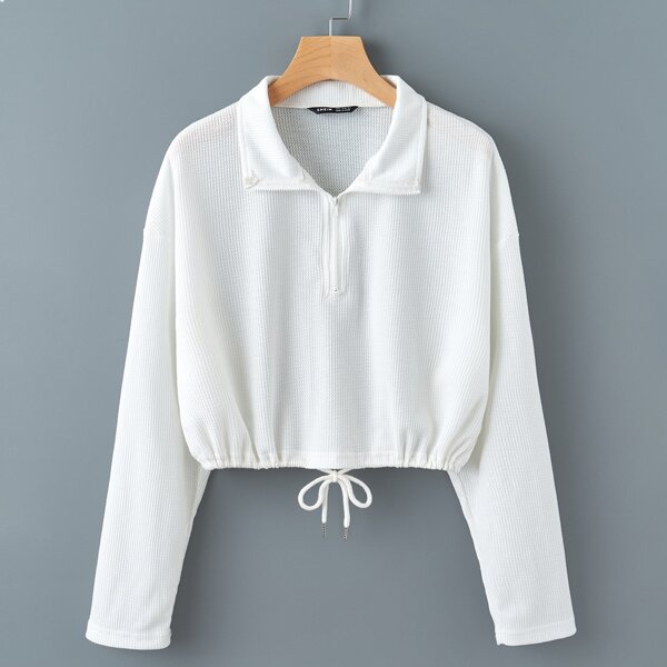 

Half Zip Drawstring Hem Crop Sweatshirt, White