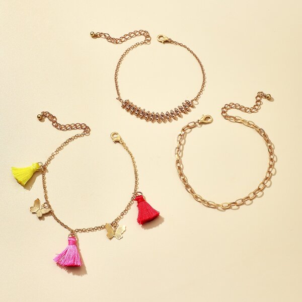 

3pcs Tassel & Butterfly Charm Anklet, Gold
